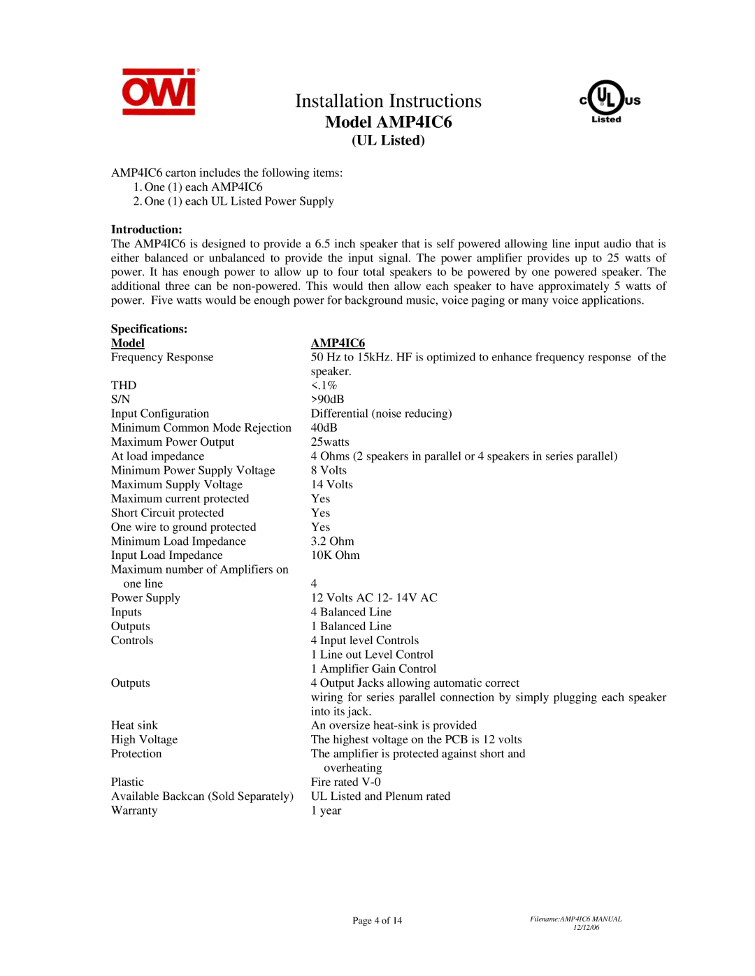 OWI AMP4IC6 installation instructions Introduction, Specifications Model 