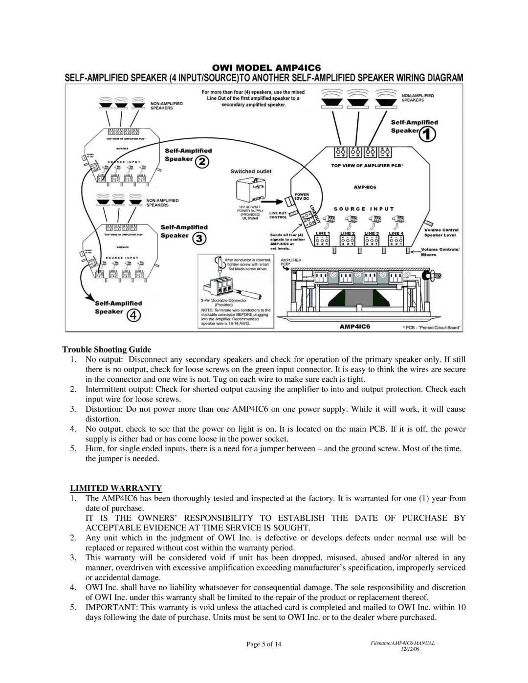 OWI AMP4IC6 installation instructions Trouble Shooting Guide, Limited Warranty 