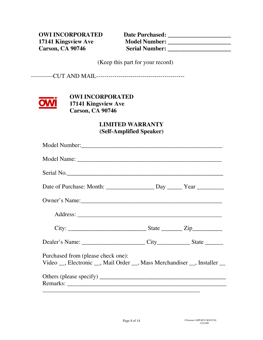 OWI AMP4IC6 installation instructions OWI Incorporated 