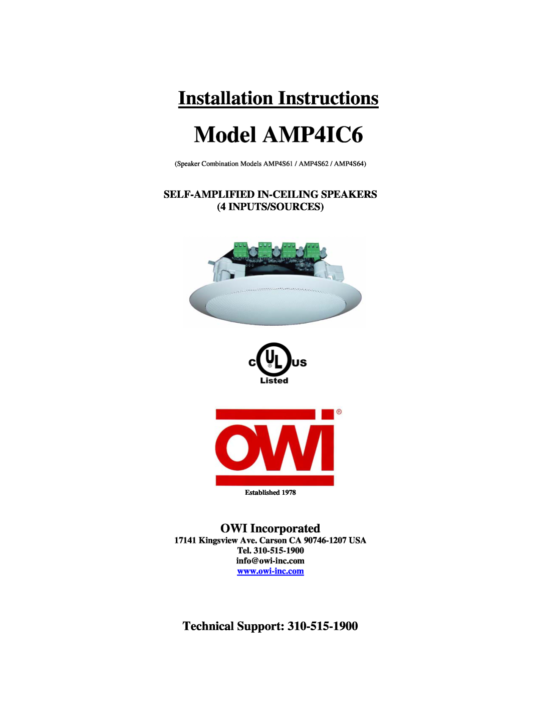 OWI installation instructions OWI Incorporated, Technical Support, Model AMP4IC6, Installation Instructions 