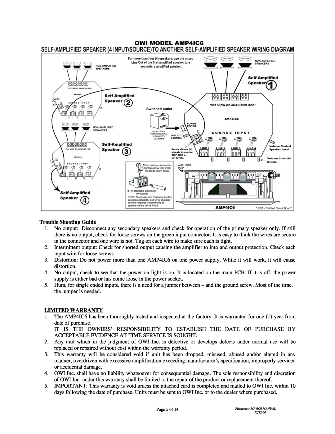 OWI AMP4IC6 installation instructions Trouble Shooting Guide, Limited Warranty, Page 5 of 