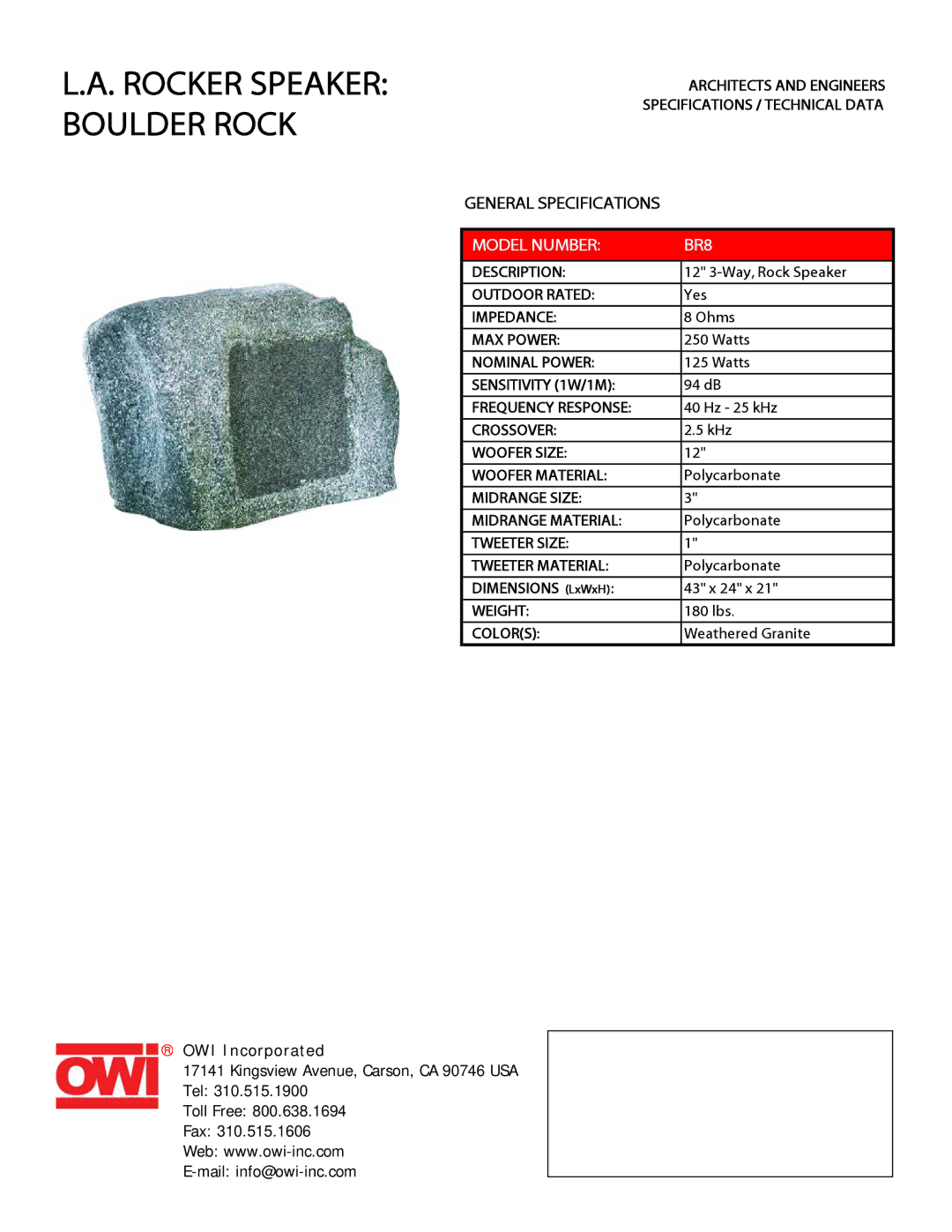 OWI specifications Rocker Speaker Boulder Rock, Model Number BR8 