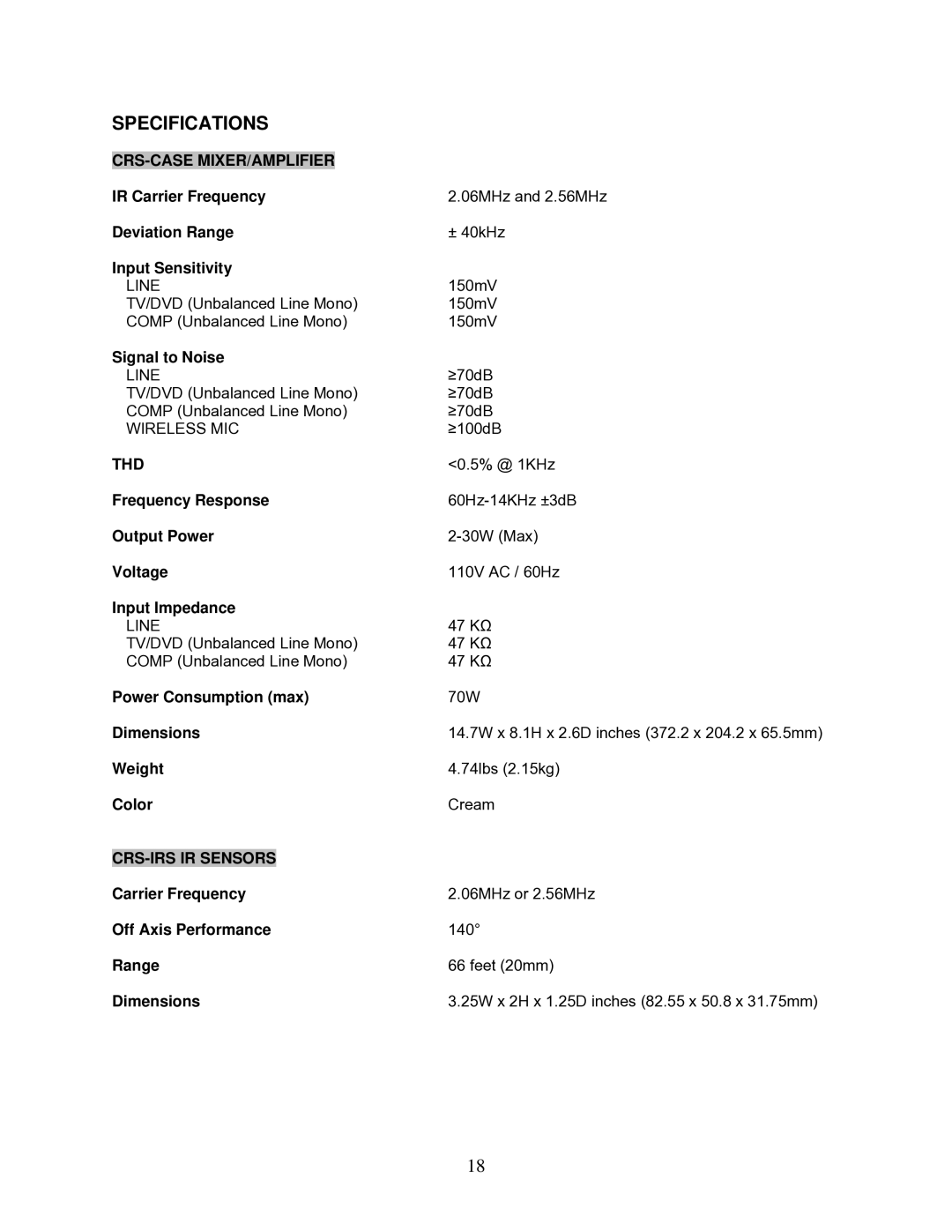 OWI CRS-101 installation instructions Specifications, Crs-Case Mixer/Amplifier, Thd 