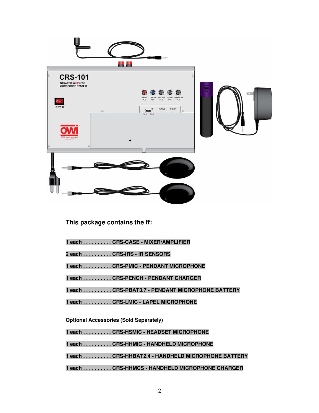 OWI CRS-101 installation instructions This package contains the ff 