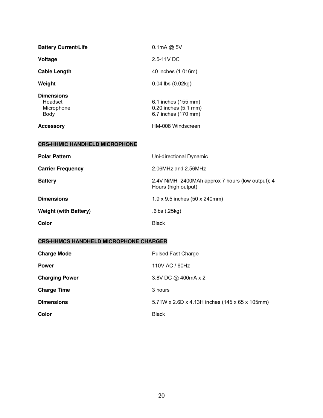 OWI CRS-101 installation instructions CRS-HHMIC Handheld Microphone, CRS-HHMCS Handheld Microphone Charger 