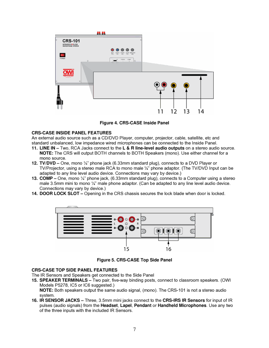 OWI CRS-101 installation instructions CRS-CASE Inside Panel Features, CRS-CASE TOP Side Panel Features 