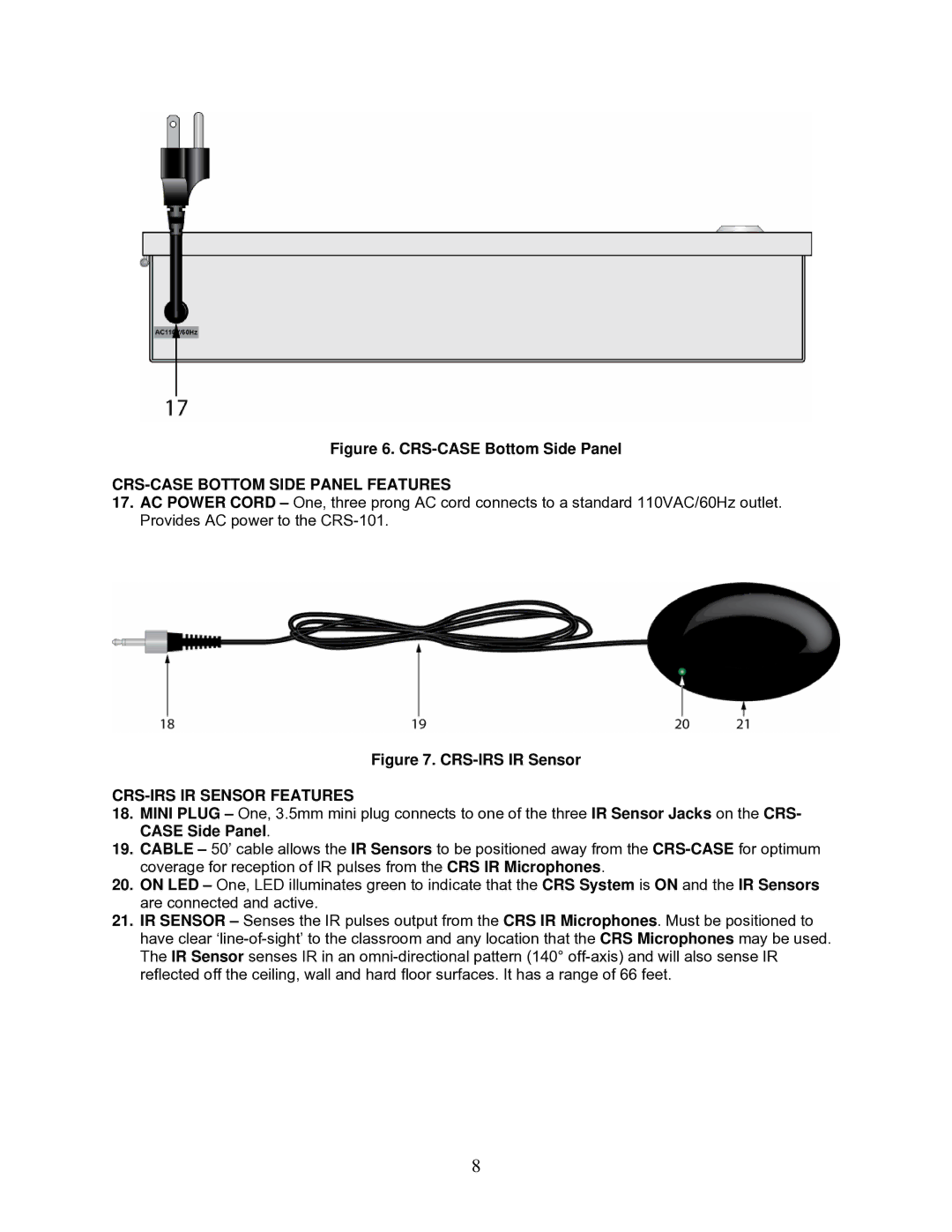 OWI CRS-101 installation instructions CRS-CASE Bottom Side Panel Features, CRS-IRS IR Sensor Features 