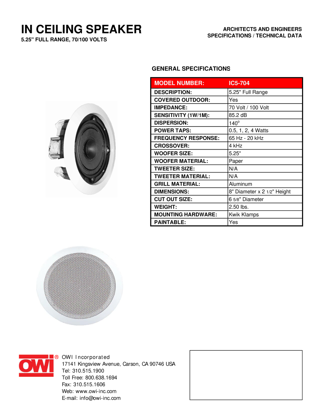 OWI IC5-704 specifications Ceiling Speaker, Model Number 