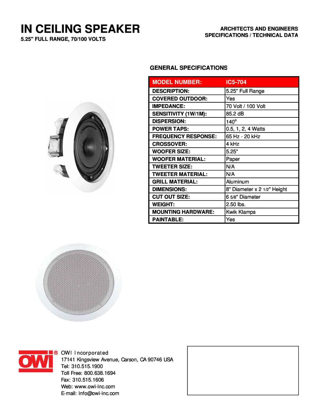 OWI IC5-704 specifications In Ceiling Speaker, General Specifications, Model Number, OWI Incorporated 