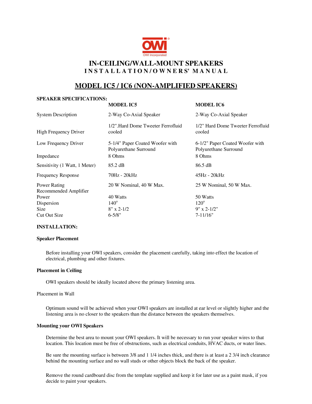 OWI IC6, IC5 owner manual Speaker Placement, Placement in Ceiling, Mounting your OWI Speakers 