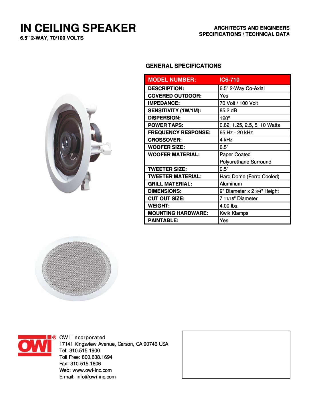 OWI IC6-710 specifications In Ceiling Speaker, General Specifications, Model Number, OWI Incorporated 