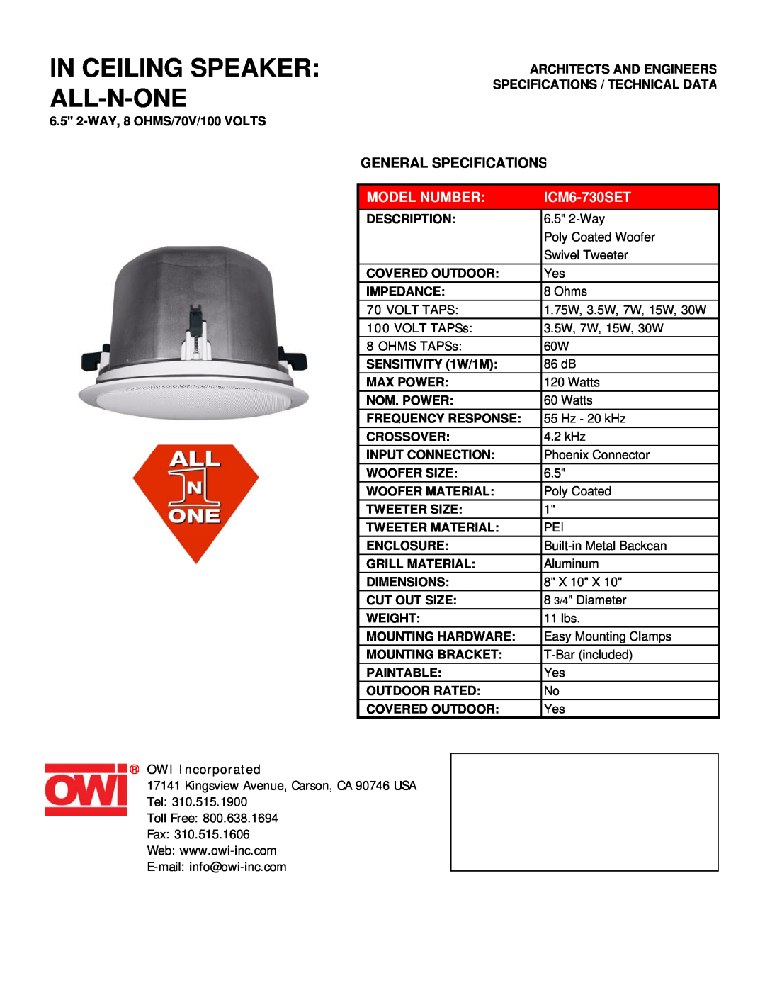 OWI ICM6-730SET specifications In Ceiling Speaker All-N-One, General Specifications, Model Number, Volt Taps, VOLT TAPSs 