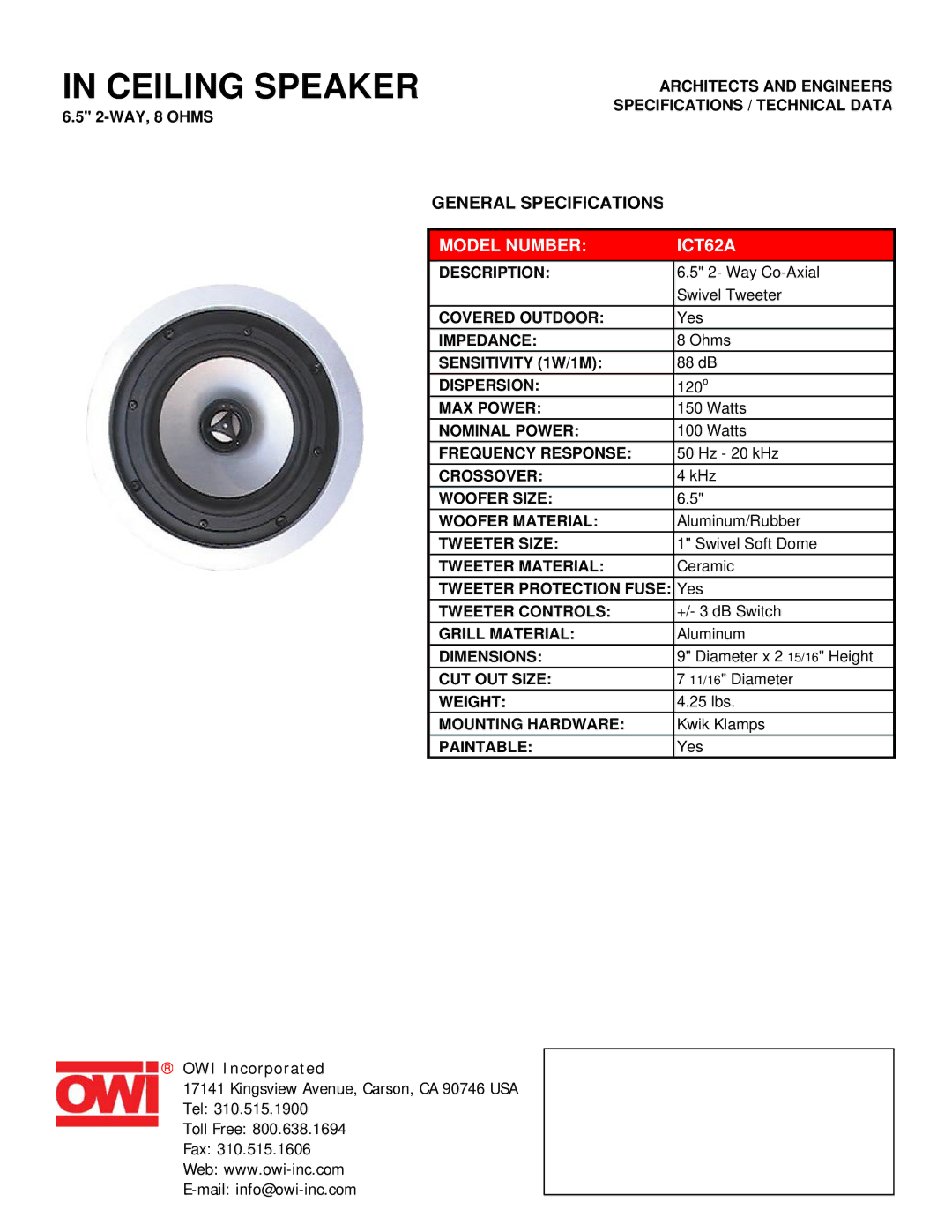 OWI specifications Ceiling Speaker, Model Number ICT62A 