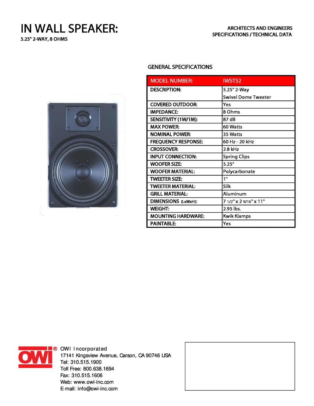 OWI IWST52 specifications In Wall Speaker, General Specifications, Model Number, OWI Incorporated 
