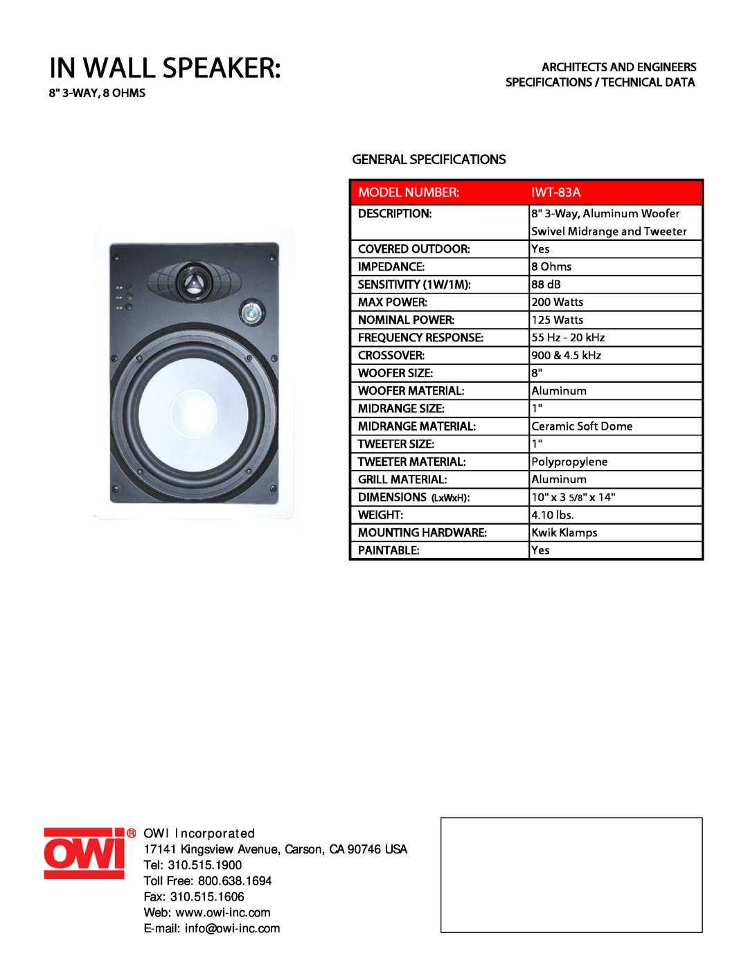 OWI IWT-83A specifications In Wall Speaker, General Specifications, Model Number, OWI Incorporated 