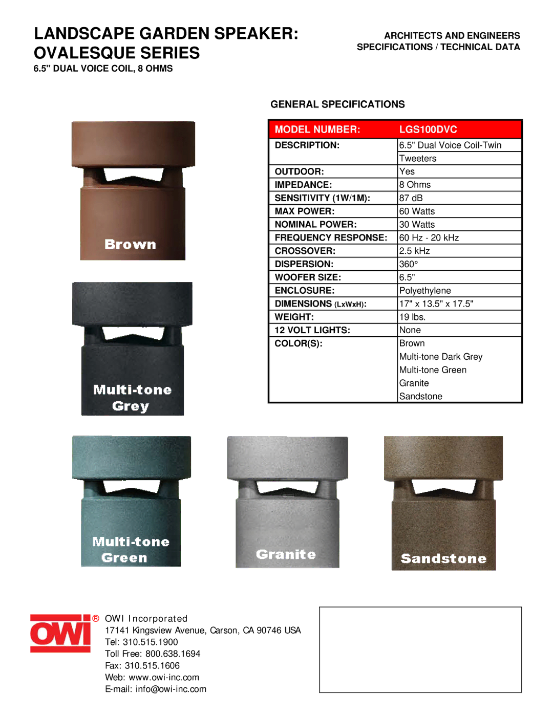 OWI specifications Landscape Garden Speaker Ovalesque Series, Model Number LGS100DVC 