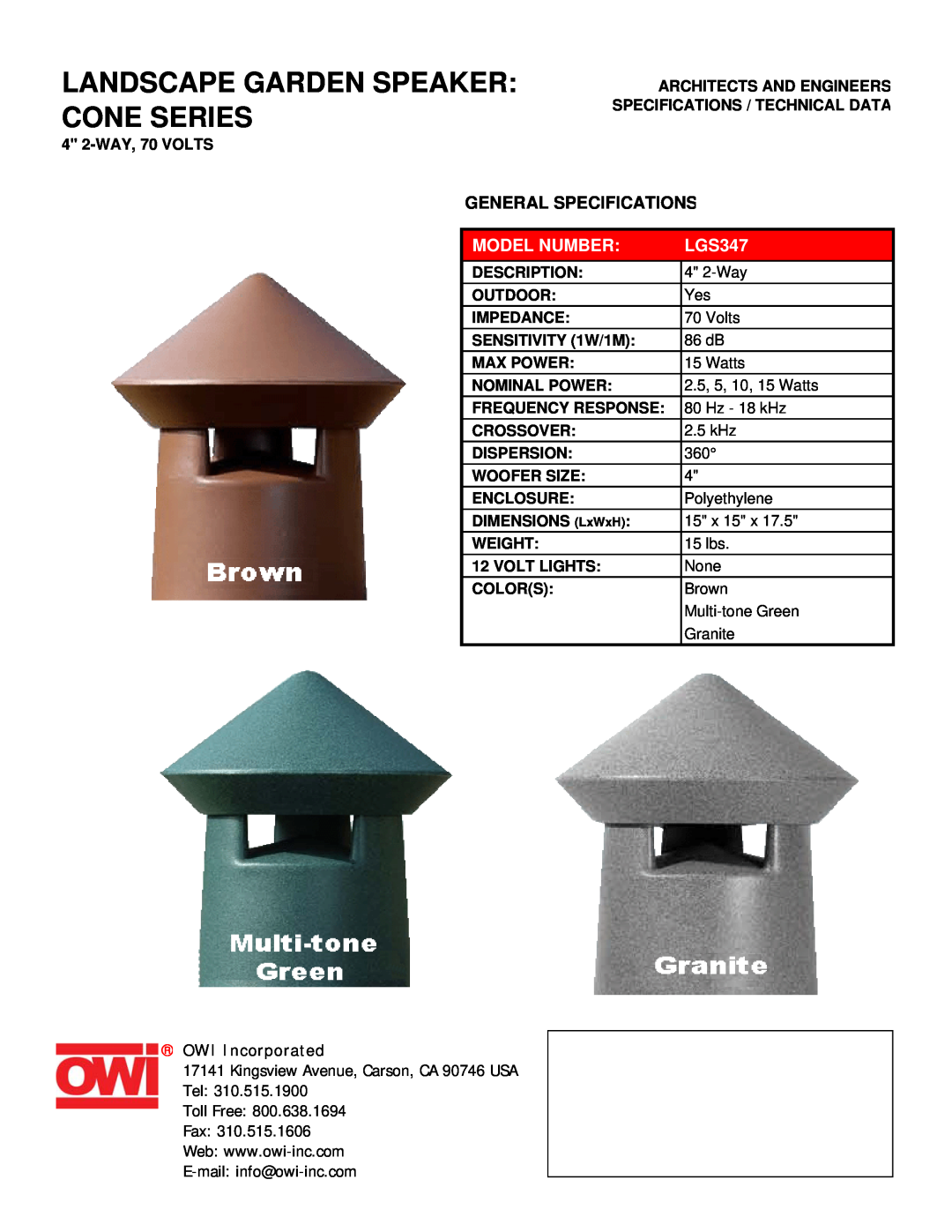 OWI LGS347 specifications Landscape Garden Speaker Cone Series, General Specifications, Model Number, OWI Incorporated 
