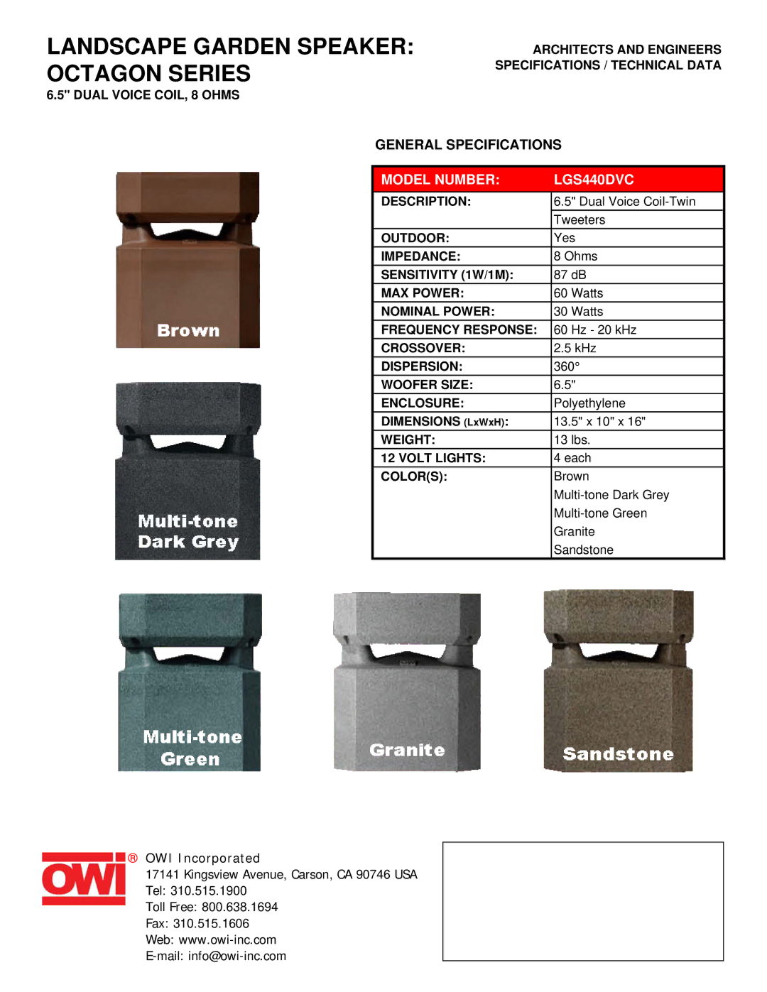 OWI LGS4400DVC specifications Landscape Garden Speaker Octagon Series, Model Number LGS440DVC 