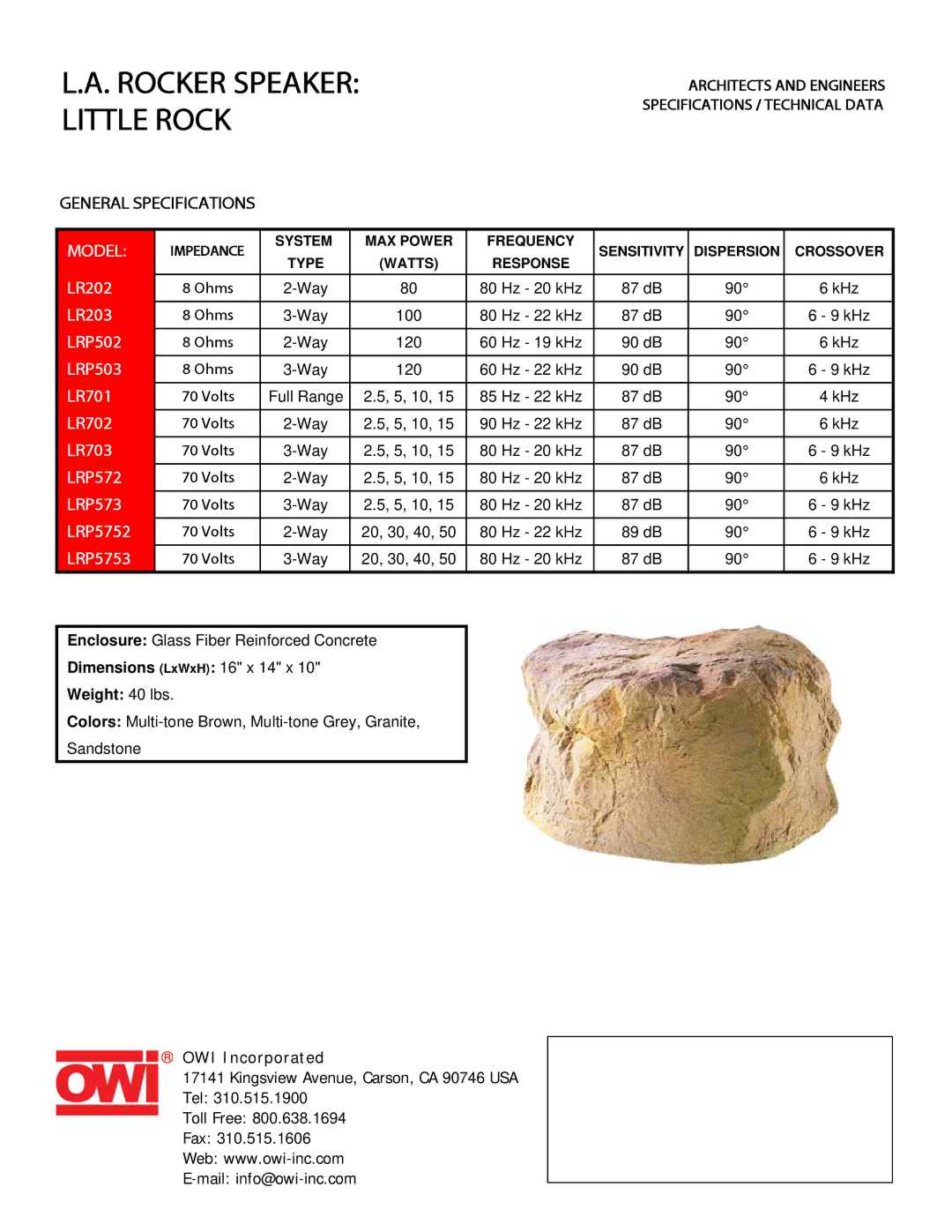 OWI LRP573, LRP5752, LRP5753, LRP503, LR703, LR702, LRP502, LR203, LRP572, LR202 specifications Rocker Speaker Little Rock, Model 