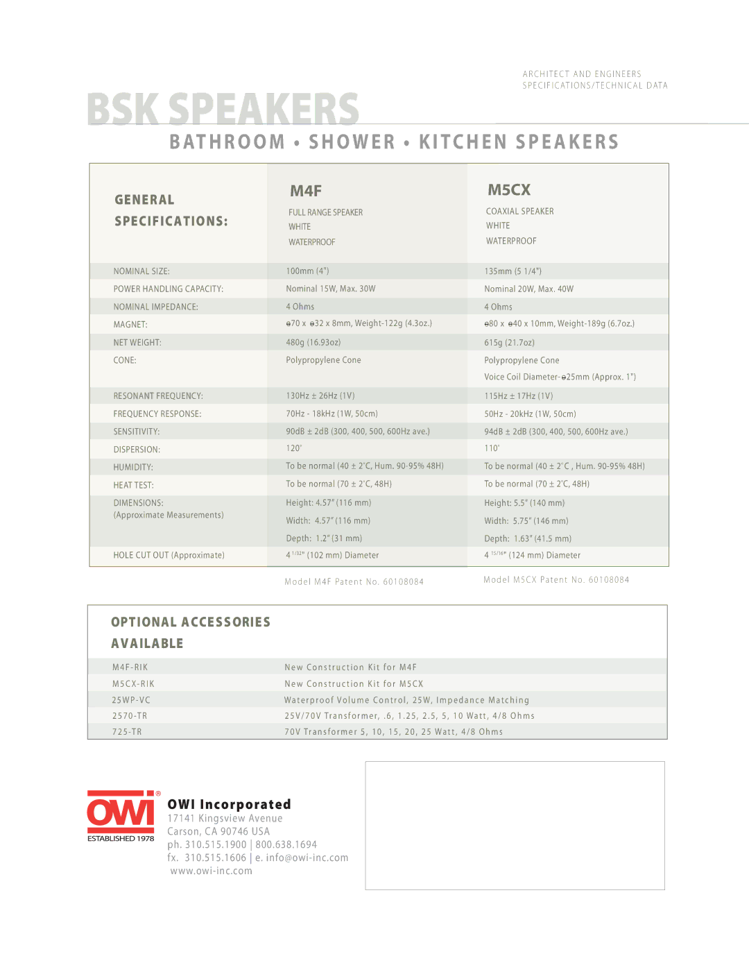 OWI M4F manual BSK Speakers, Bathroom Shower Kitchen Speakers, M5CX 