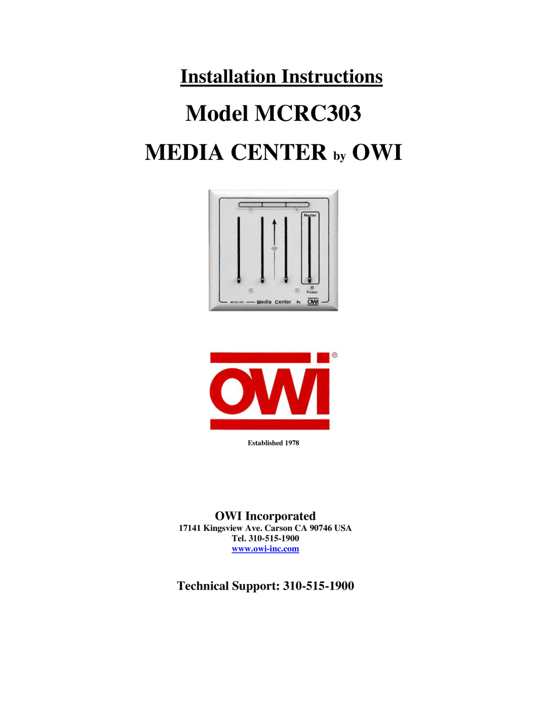 OWI MCRC303 installation instructions OWI Incorporated, Technical Support 