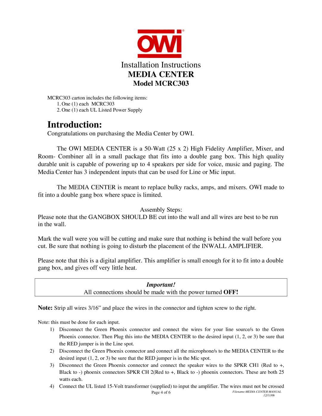 OWI installation instructions Media Center, Model MCRC303 