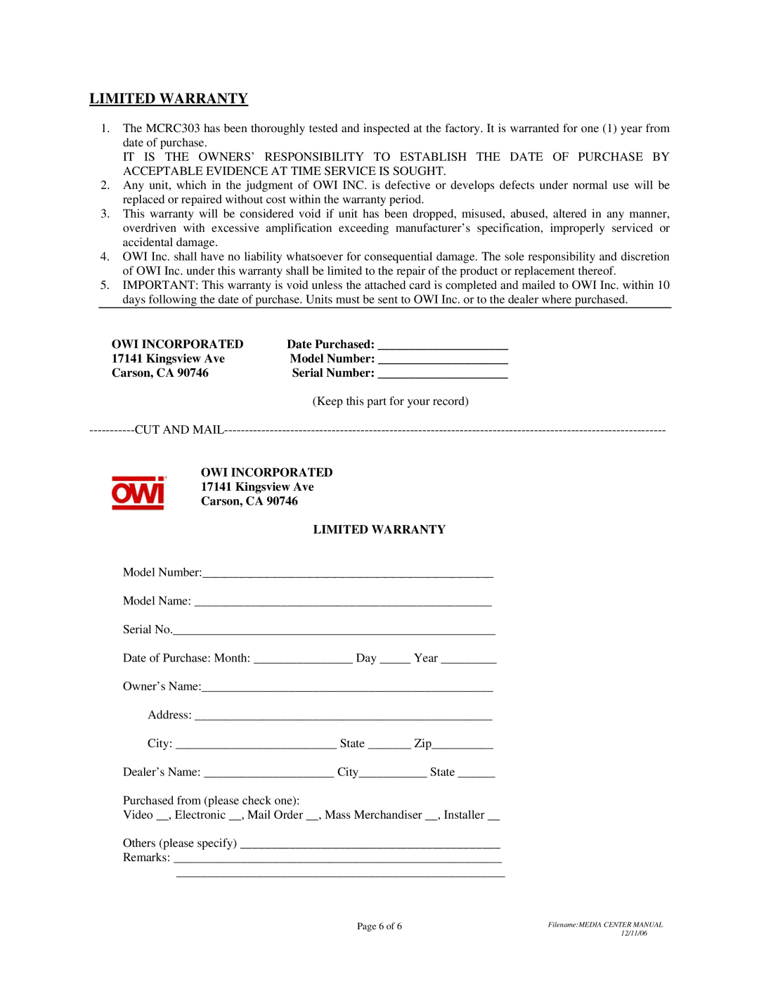 OWI MCRC303 installation instructions OWI Incorporated, Limited Warranty 