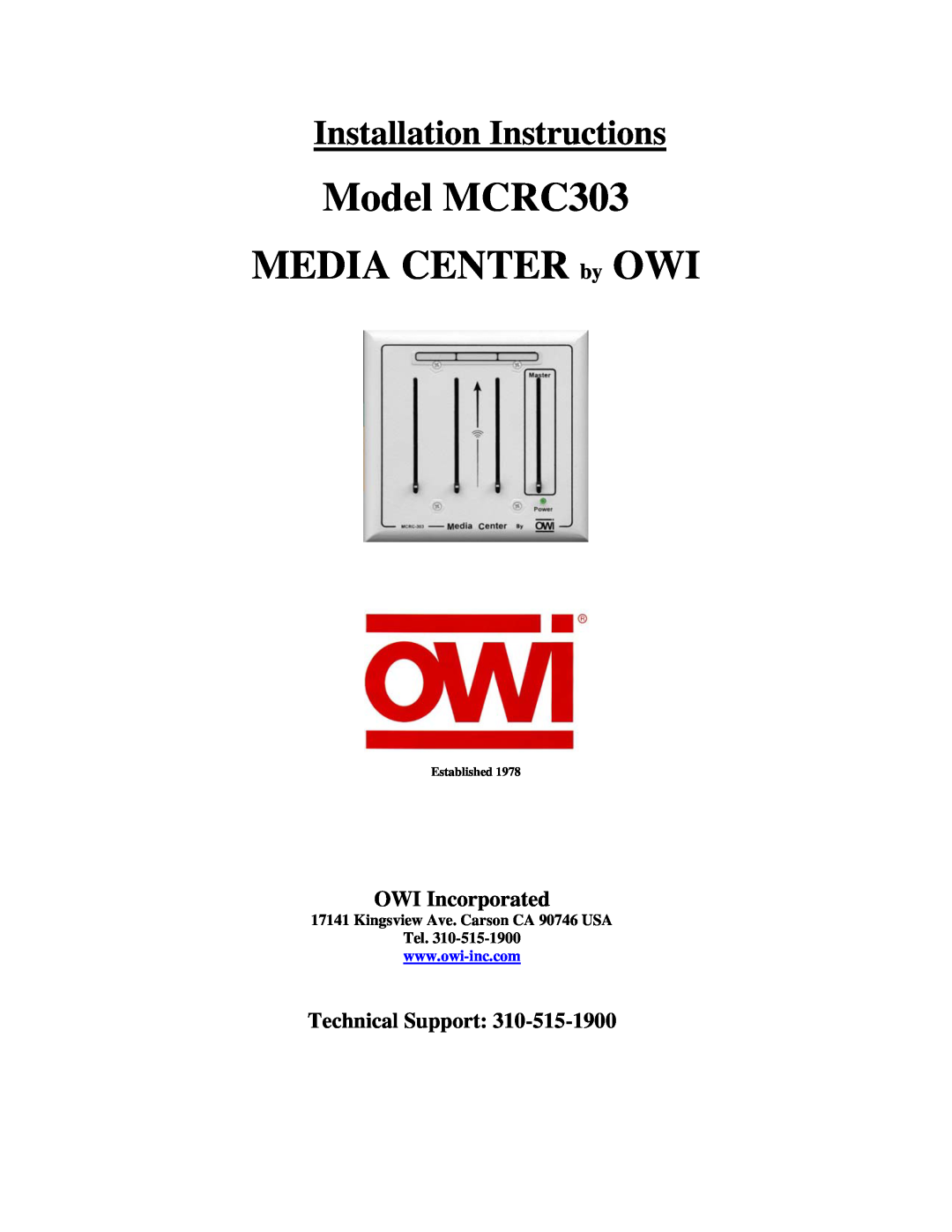 OWI installation instructions OWI Incorporated, Technical Support, Model MCRC303 MEDIA CENTER by OWI, Established 