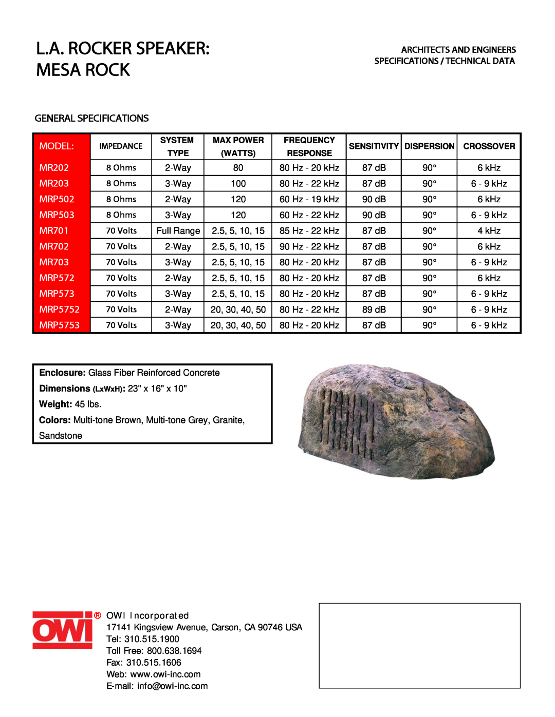 OWI MR703 specifications L.A. Rocker Speaker Mesa Rock, General Specifications, Model, MR202, MR203, MRP502, MRP503, MR701 