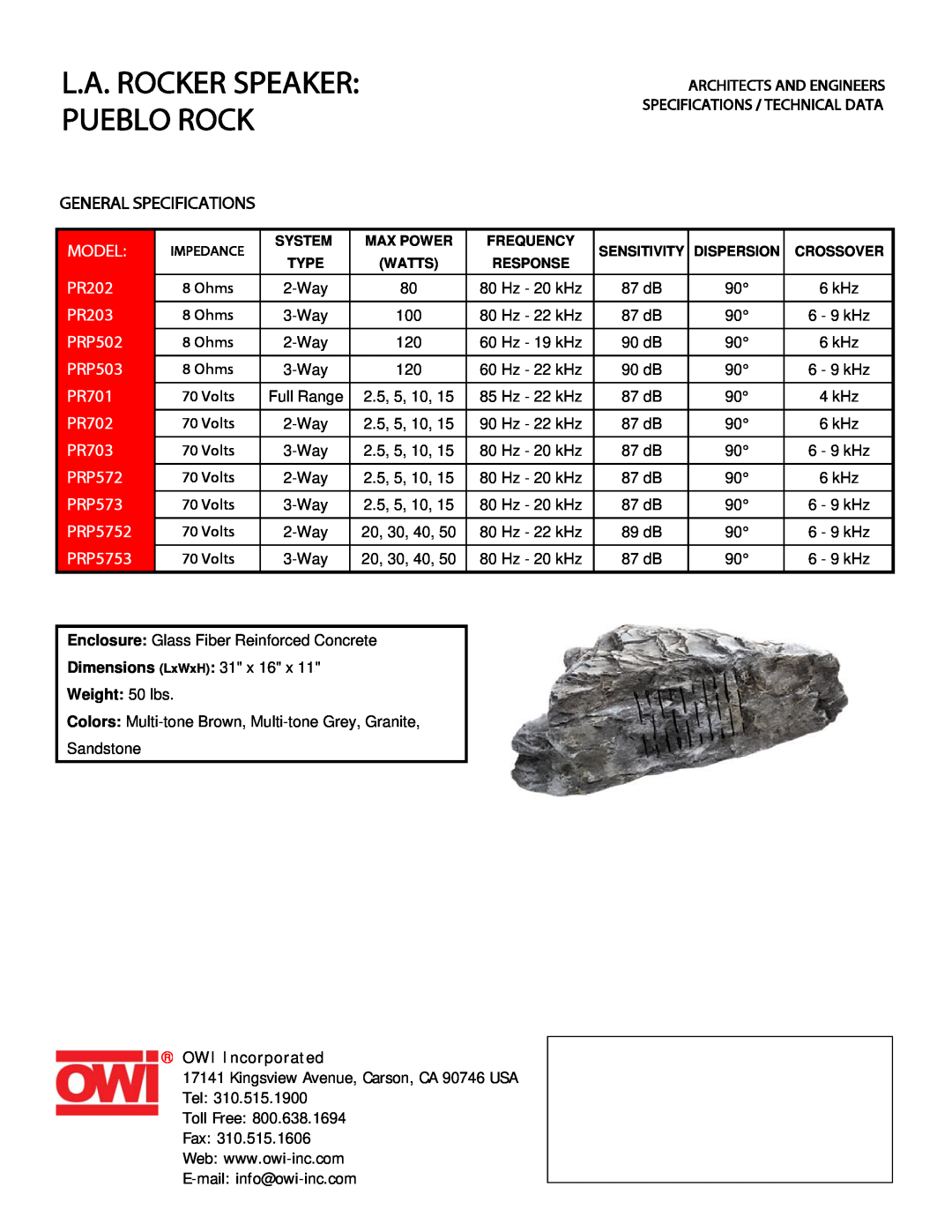 OWI PRP503 specifications L.A. Rocker Speaker Pueblo Rock, General Specifications, Model, PR202, PR203, PRP502, PR701 