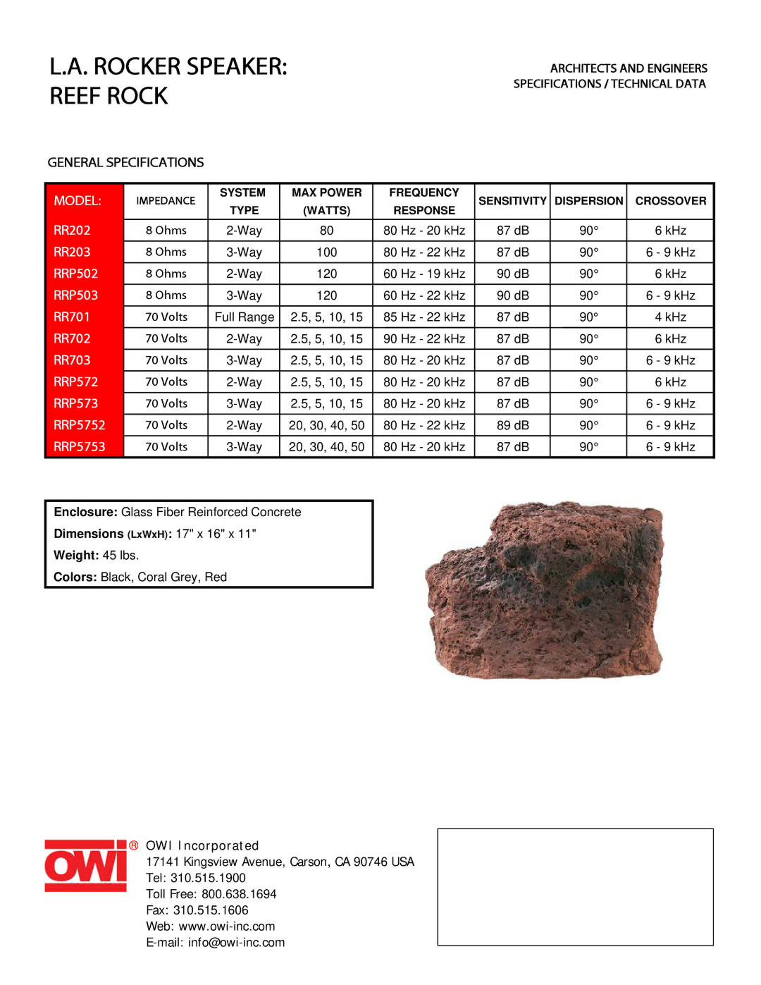 OWI RRP572, RRP5752, RR702, RR203, RRP5753, RRP502, RR703, RR202, RR701, RRP503 specifications Rocker Speaker Reef Rock, Model 