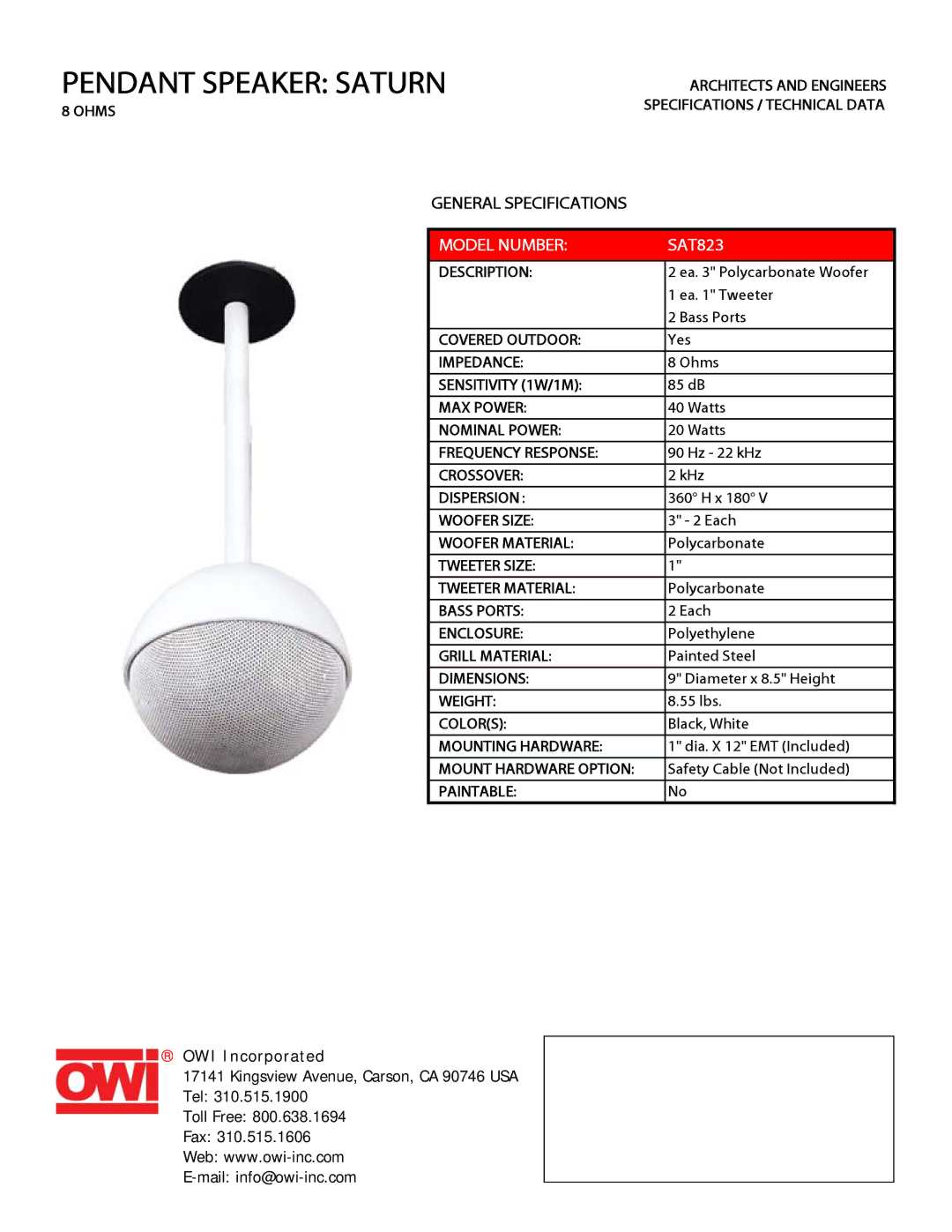 OWI SAT823 specifications Pendant Speaker Saturn, Model Number 