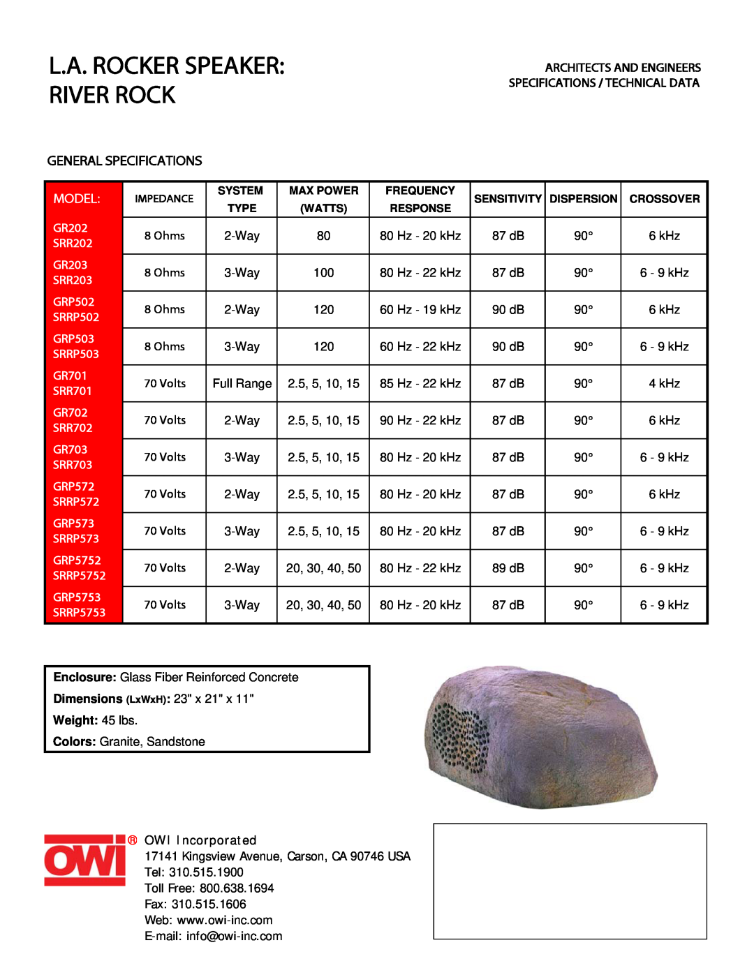 OWI SRRP5753 specifications L.A. Rocker Speaker River Rock, General Specifications, Model, Weight 45 lbs, OWI Incorporated 