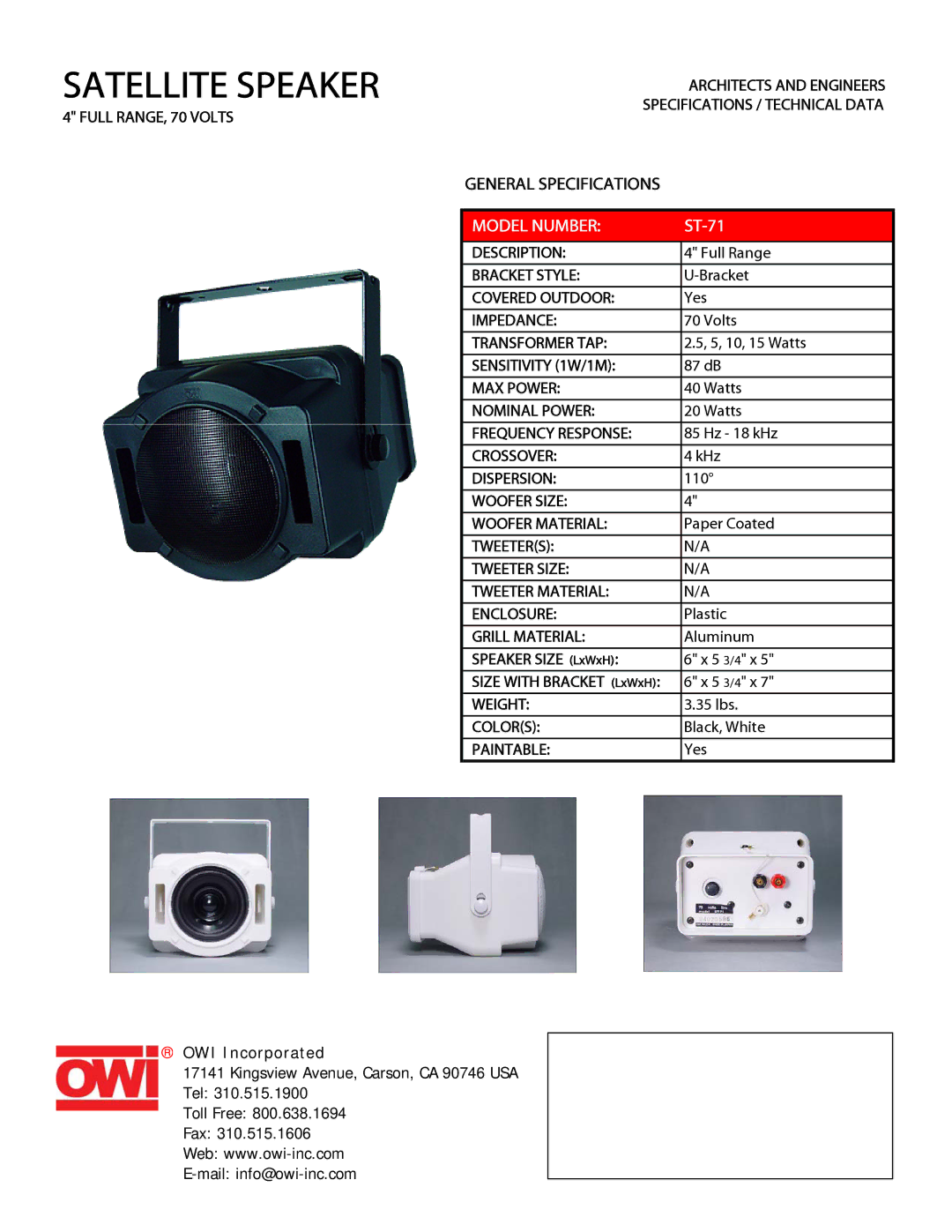 OWI ST71 specifications Satellite Speaker, Model Number, ST-71 