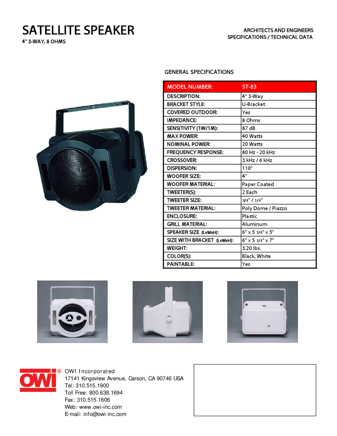 OWI ST83 specifications Satellite Speaker, Model Number, ST-83 