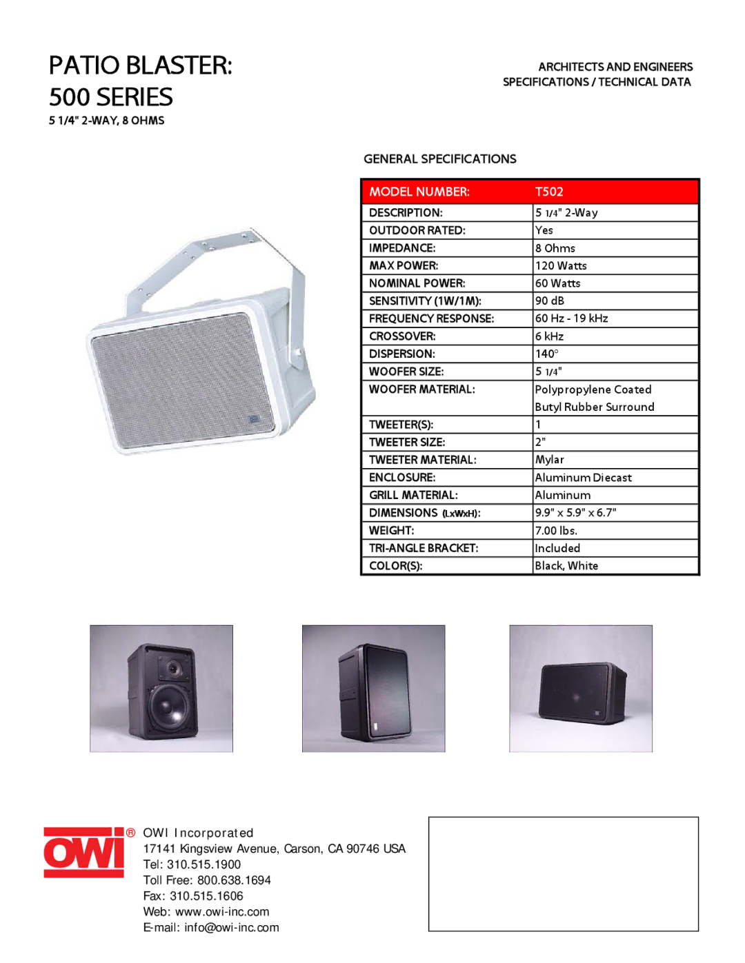 OWI T502 specifications Patio Blaster 500 Series, Model Number 