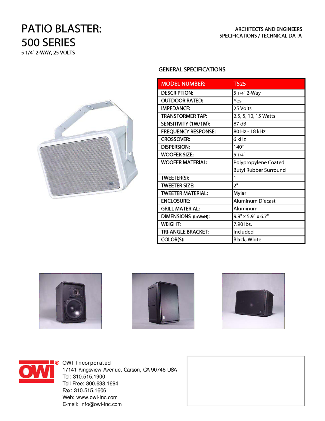 OWI T525 specifications Patio Blaster 500 Series, Model Number 