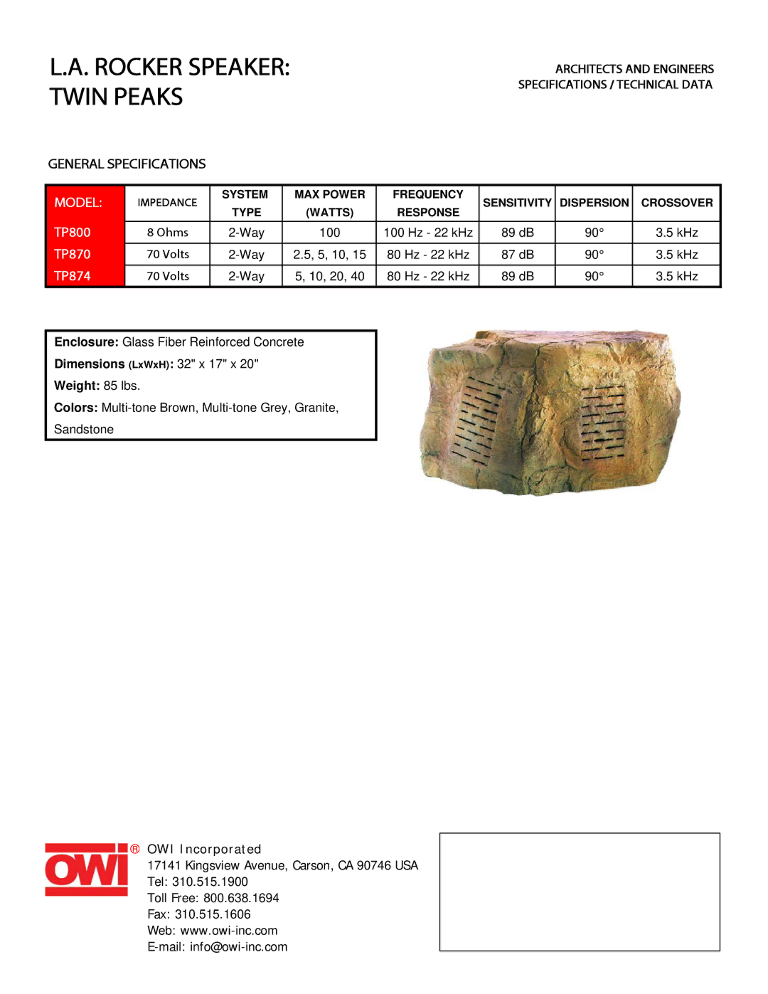 OWI TP870 specifications Rocker Speaker Twin Peaks, Model, TP800, TP874 