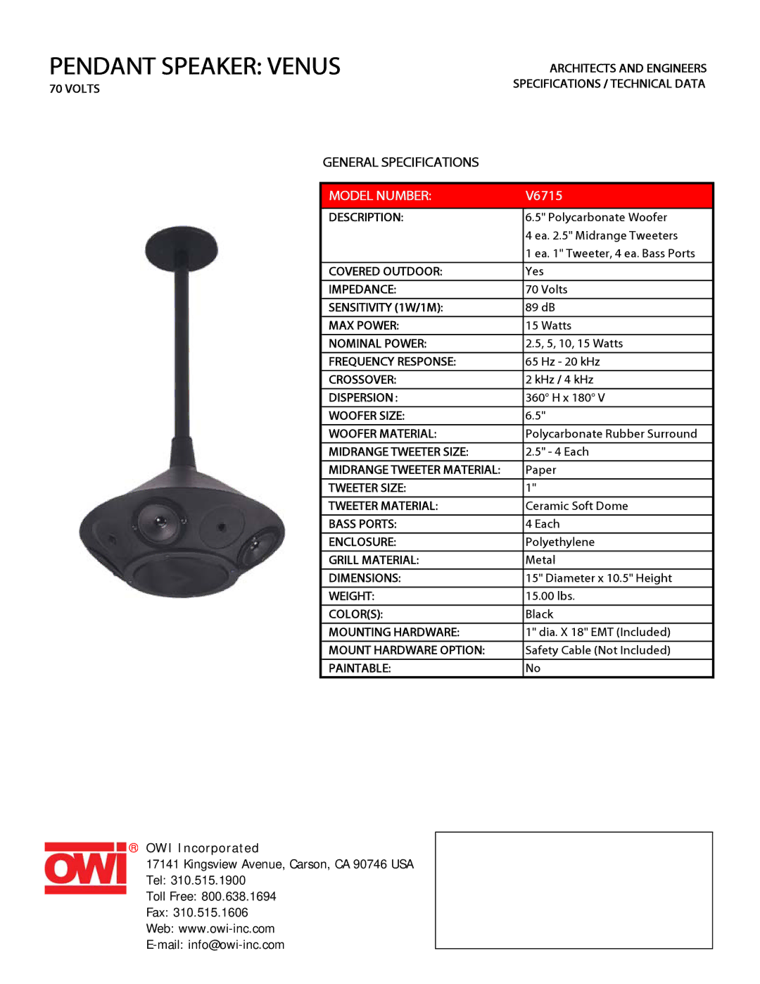 OWI V6715 specifications Pendant Speaker Venus, Model Number 