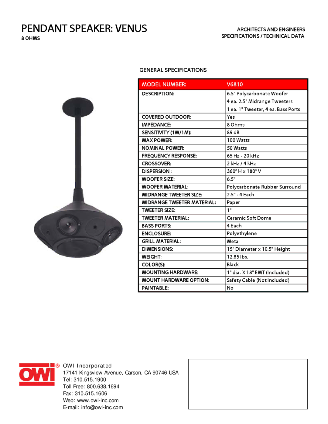 OWI V6810 specifications Pendant Speaker Venus, Model Number 