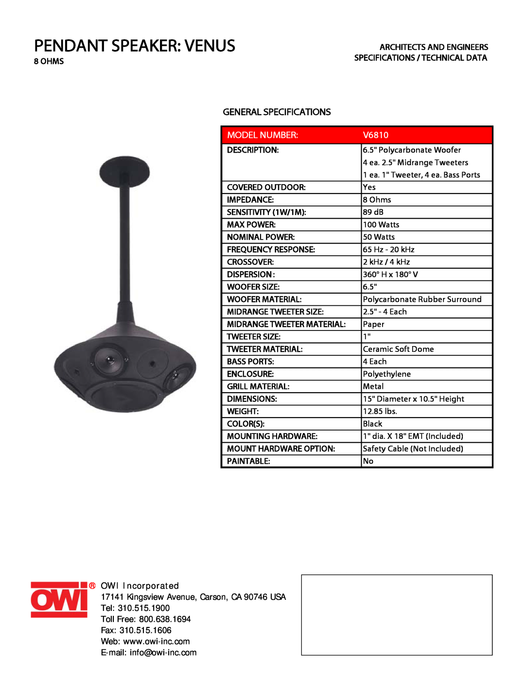 OWI V6810 specifications Pendant Speaker Venus, General Specifications, Model Number, OWI Incorporated 