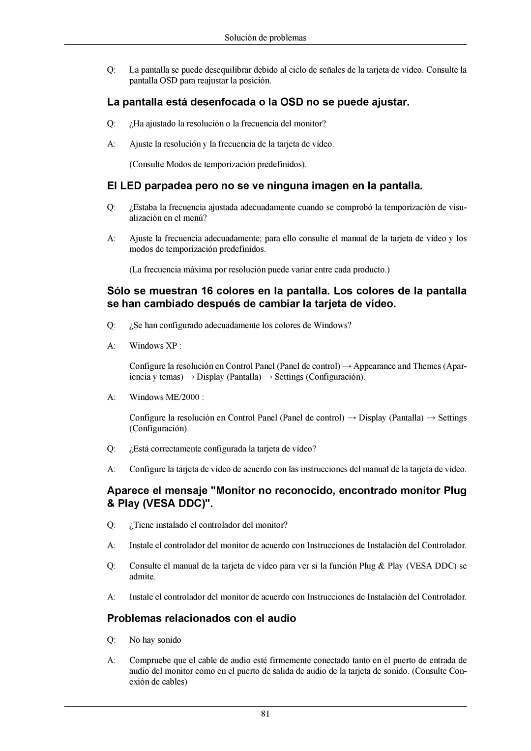 OwnerIQ 2693HM, 2493HM manual La pantalla está desenfocada o la OSD no se puede ajustar, Problemas relacionados con el audio 