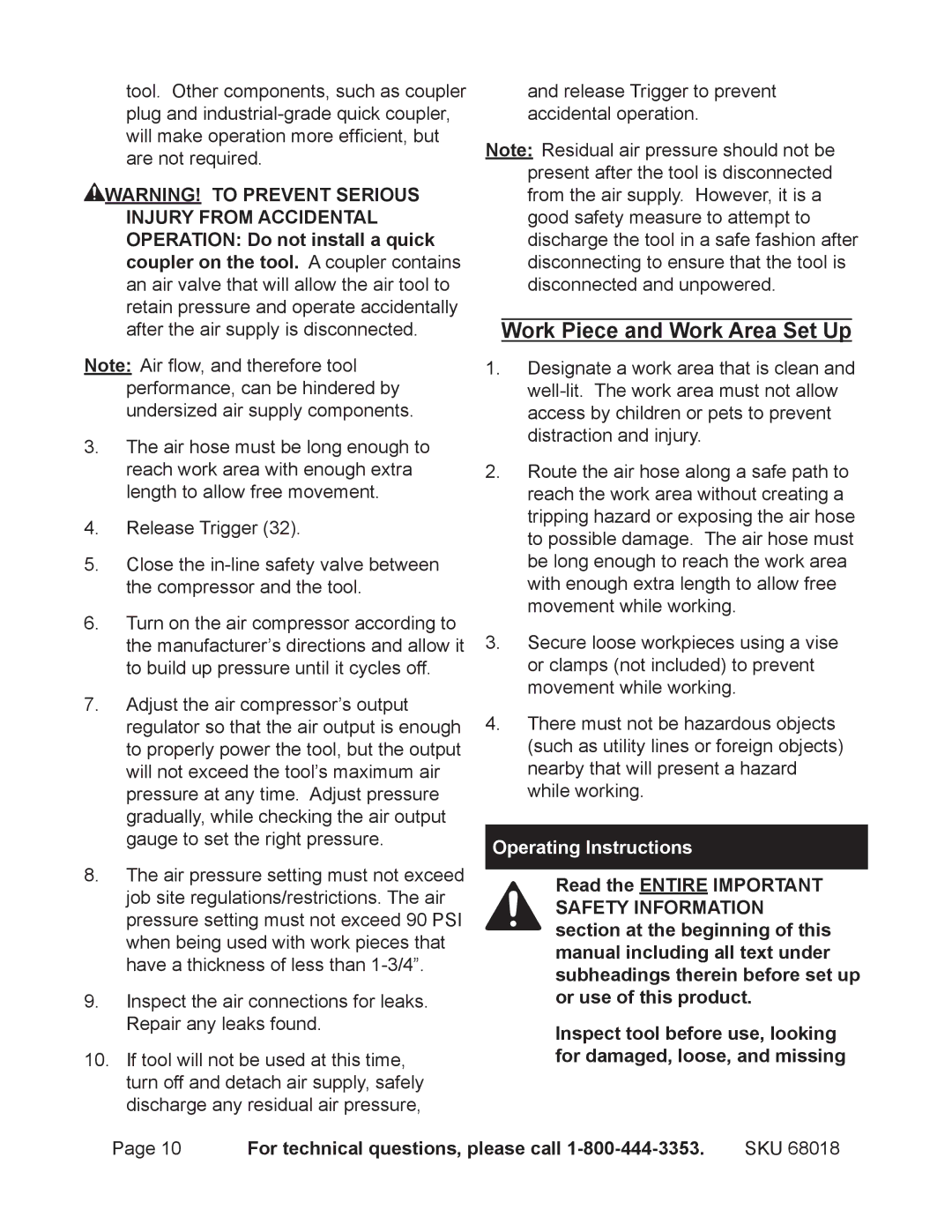 OxiBrands 68018 manual Work Piece and Work Area Set Up, OperatingOPERATINGInstructionsINSTRUCTIONS 