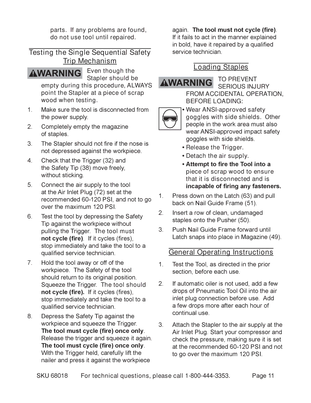 OxiBrands 68018 manual Testing the Single Sequential Safety Trip Mechanism, Loading Staples, General Operating Instructions 