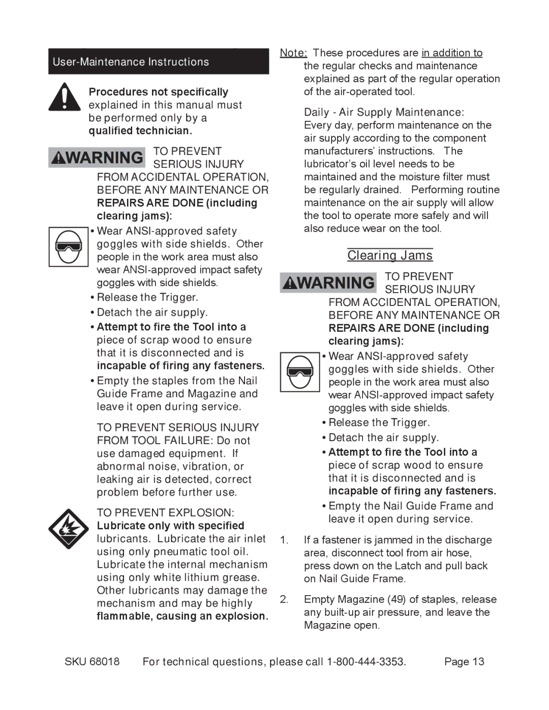 OxiBrands 68018 manual Clearing Jams, User-Maintenance Instructions 