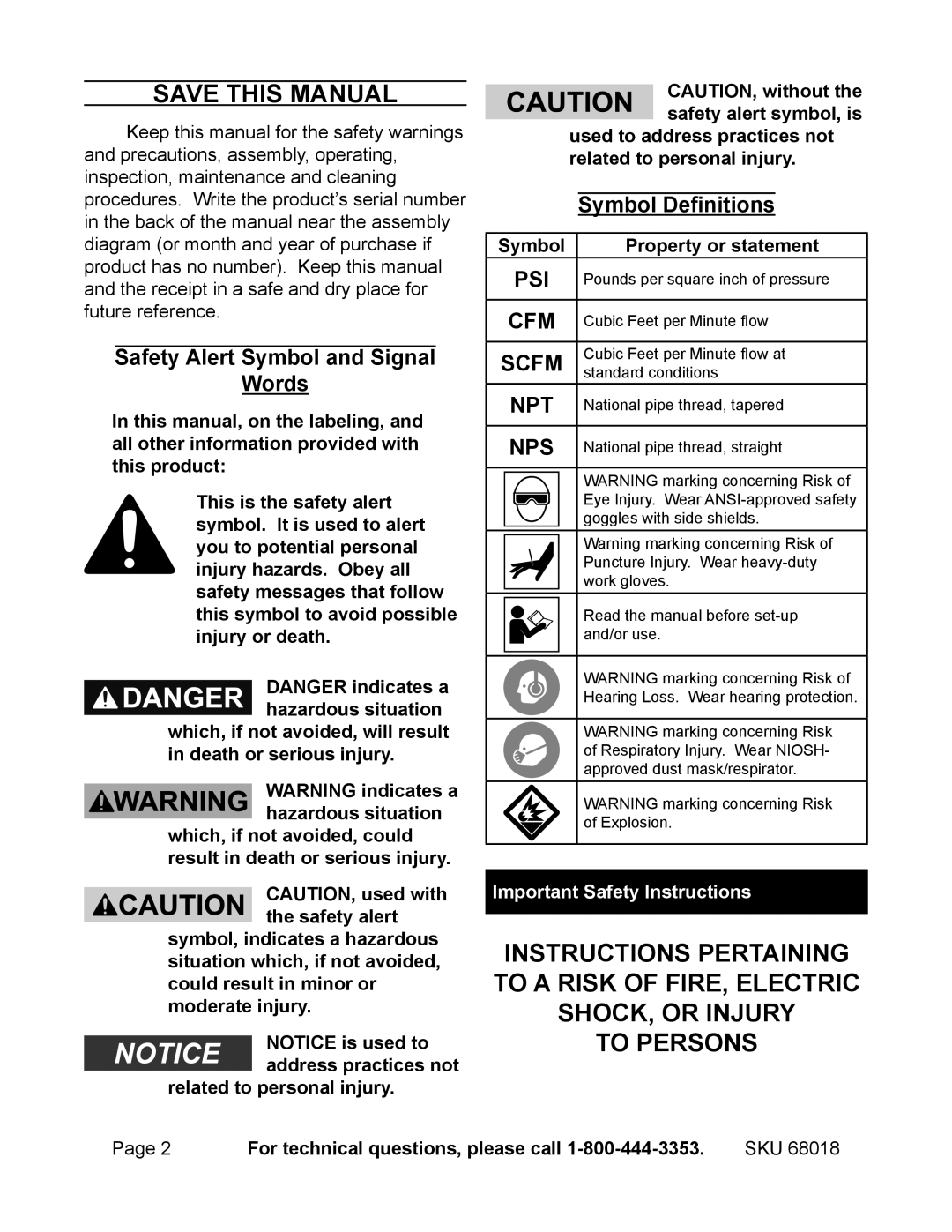 OxiBrands 68018 Safety Alert Symbol and Signal Words, Symbol Property or statement, For technical questions, please call 