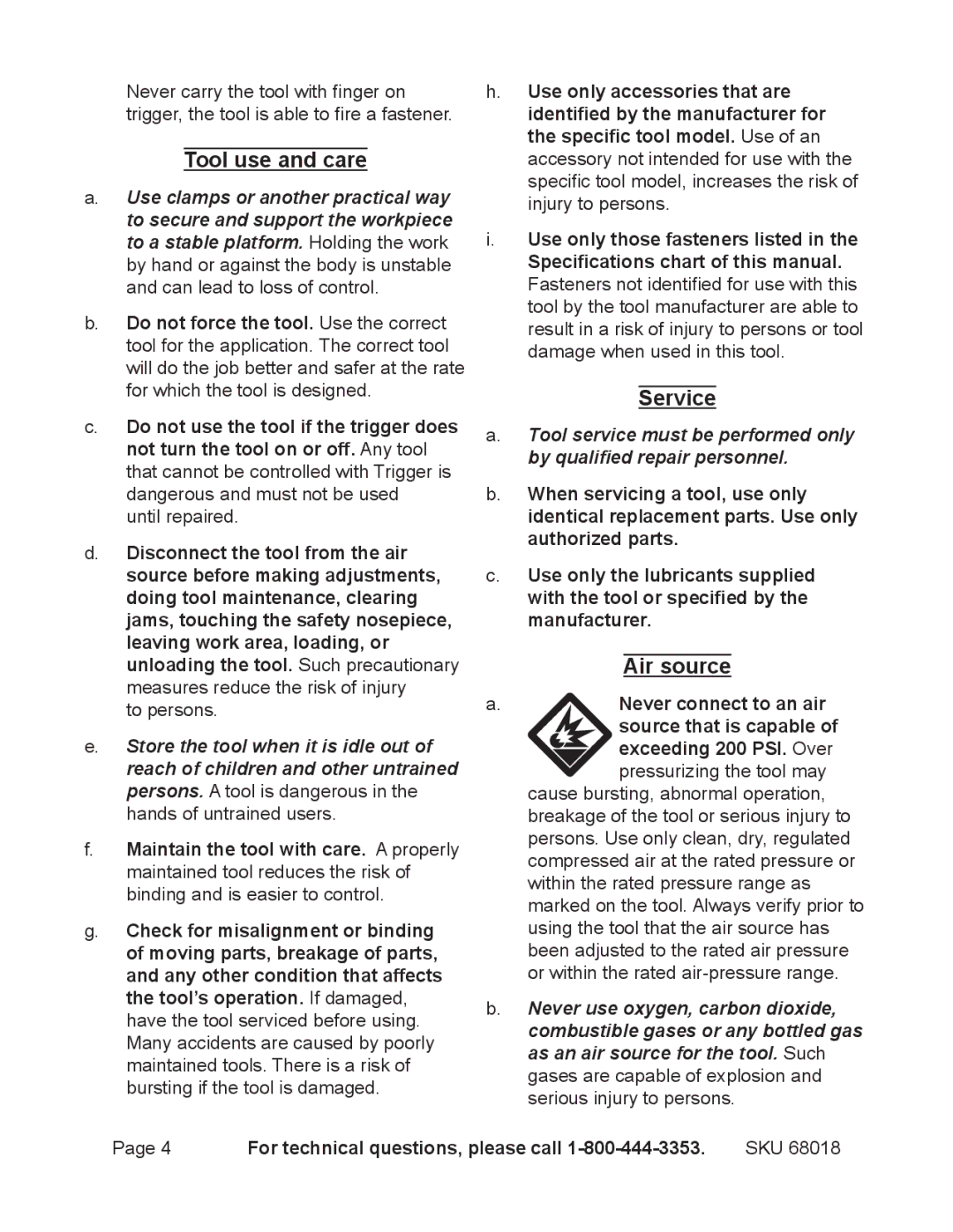 OxiBrands 68018 manual Tool use and care, Service, Air source 