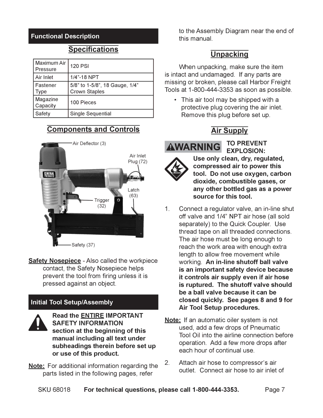 OxiBrands 68018 manual Specifications, Unpacking, Components and Controls, Air Supply, Functional Description 