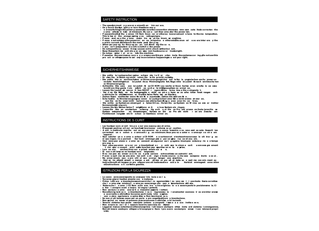 Ozaki Worldwide CM688 manual Safety Instruction, Sicherheitshinweise, Instructions DE Sécurité, Istruzioni PER LA Sicurezza 