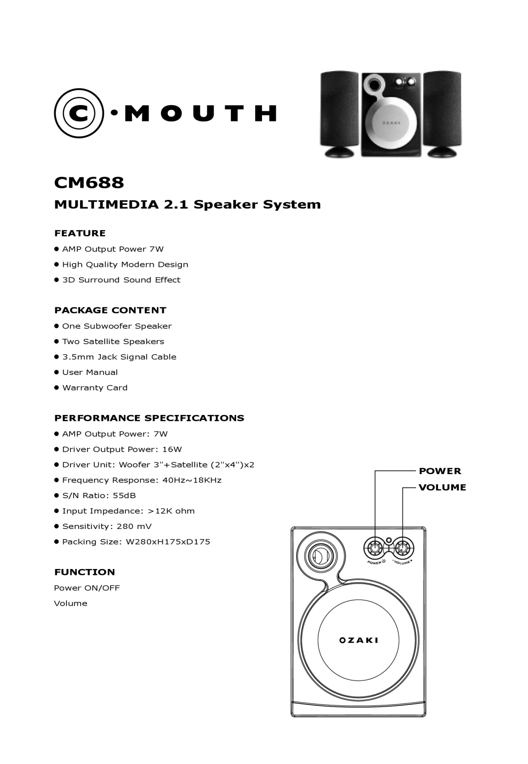 Ozaki Worldwide CM688 manual MULTIMEDIA 2.1 Speaker System, Feature, Package Content, Performance Specifications, Function 